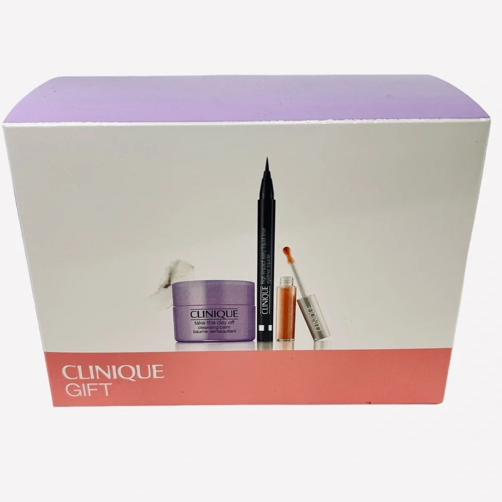 Clinique 3-Pcs Skincare Makeup Deluxe Sample Gift Set Purple/White/Pink Box